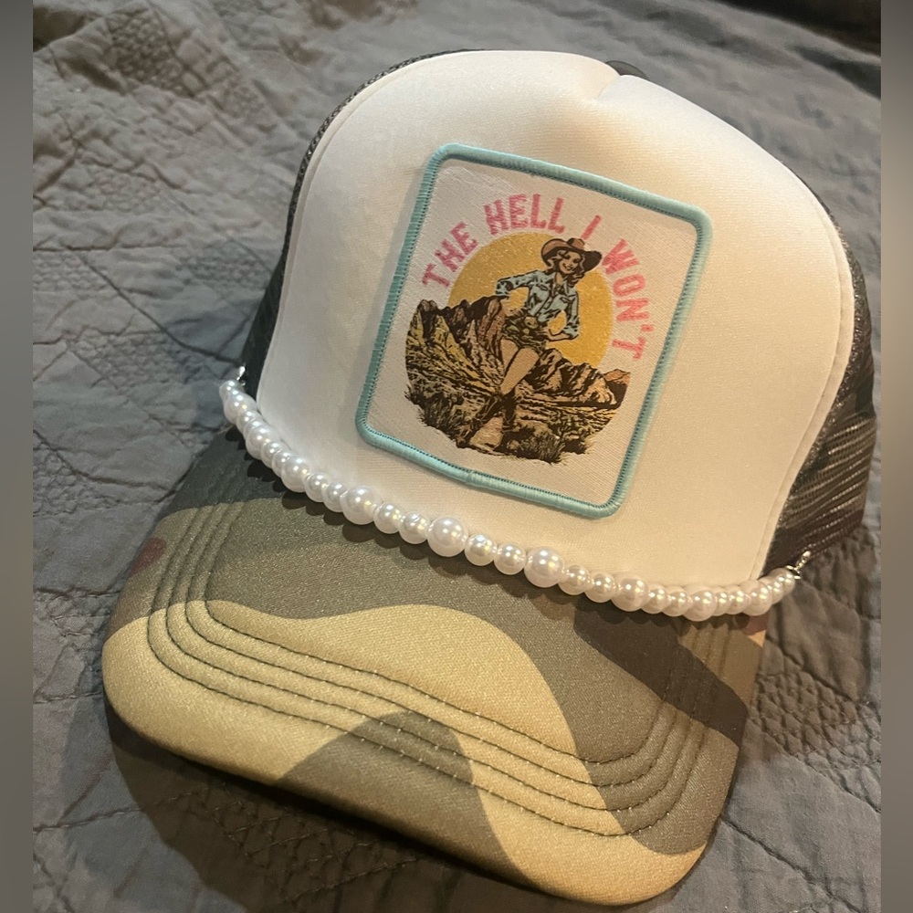 Camo Trucker Hat - “The Hell I Won't”Patch & Pearl Chain - Picture 2 of 6